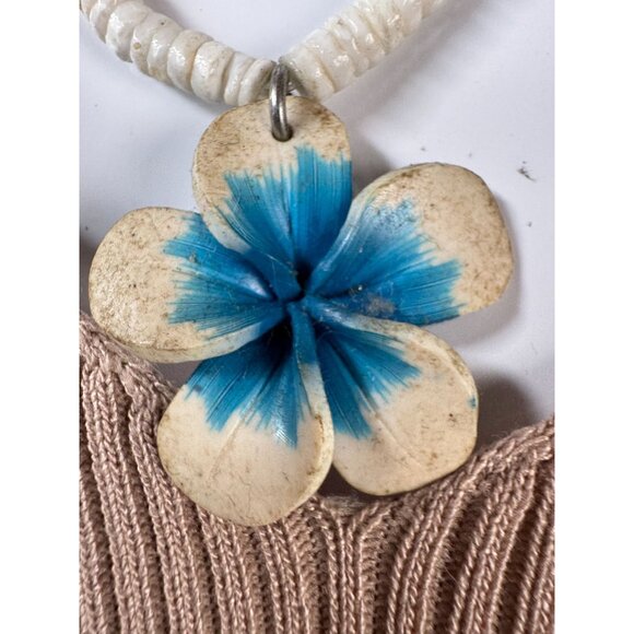 Vintage Shell & Bead Necklace With Hand-Painted Blue Floral Pendant - Picture 11 of 16